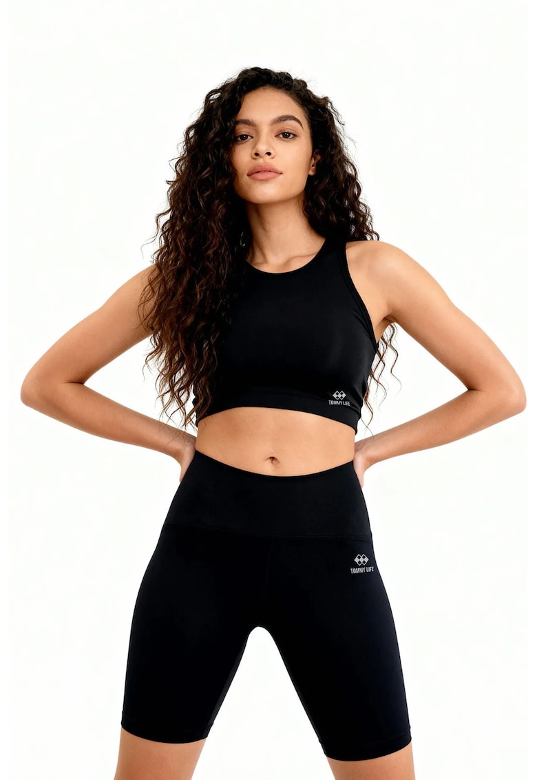 Set Activ Femei - Top Fara Maneci Slim-fit si Pantaloni Scurti de Ciclism - Negru - Poliester