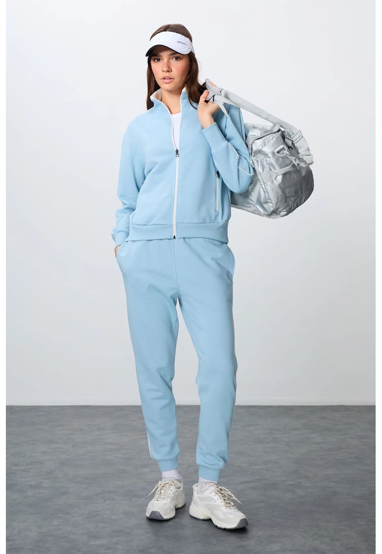 Set Bluza de Trening cu Guler cu Fermoar si Pantaloni Albastru Deschis - Bumbac si Poliester - Femei