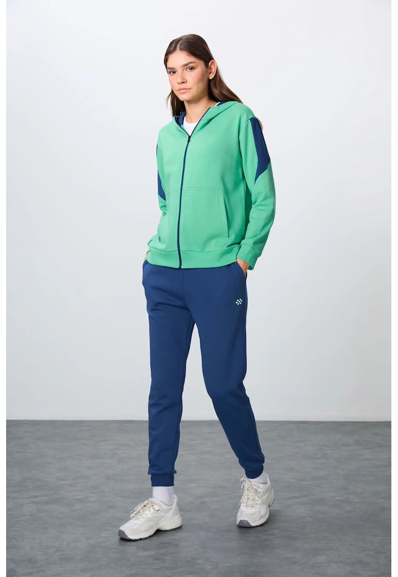 Set Trening cu Gluga si Fermoar Supradimensionat Pantaloni - Verde Menta - Bumbac 88%