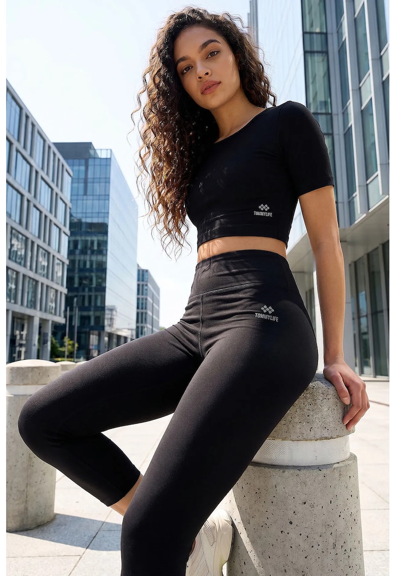 Set Activ Tricou cu Maneca Scurta si Colanti Capri - Negru - Bumbac cu Elastan