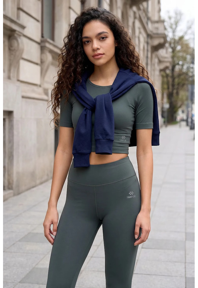 Set Activ Tricou cu Maneca Scurta si Colanti Capri - Gri Ardezie - Bumbac cu Elastan