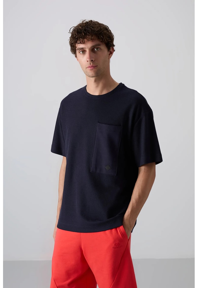 Tricou supradimensionat - cu guler rotund - buzunar - Albastru Marin - amestec bumbac-poliester