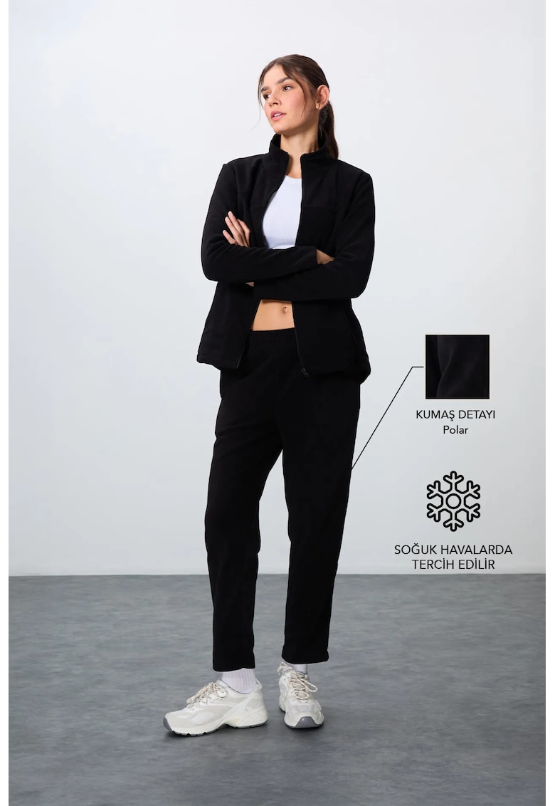 Set Trening cu Fermoar Femei - Maneca Lunga - Negru - Poliester