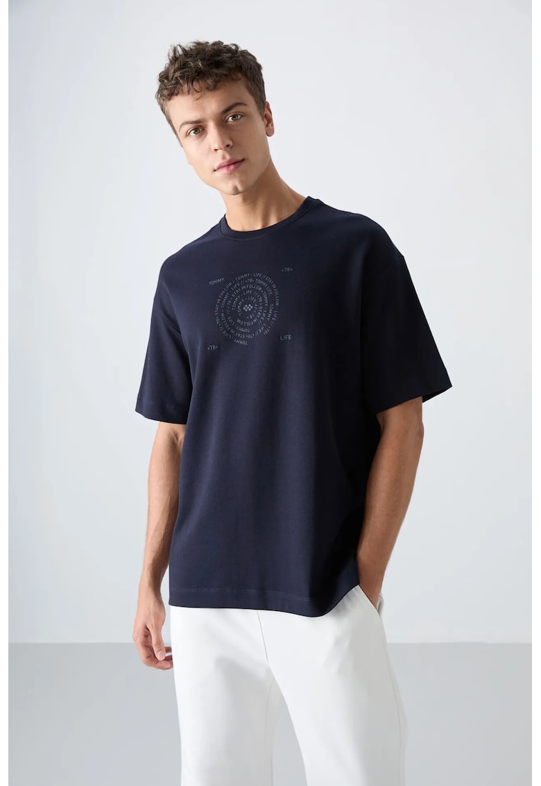 Tricou supradimensionat - broderie - albastru marin - amestec de bumbac