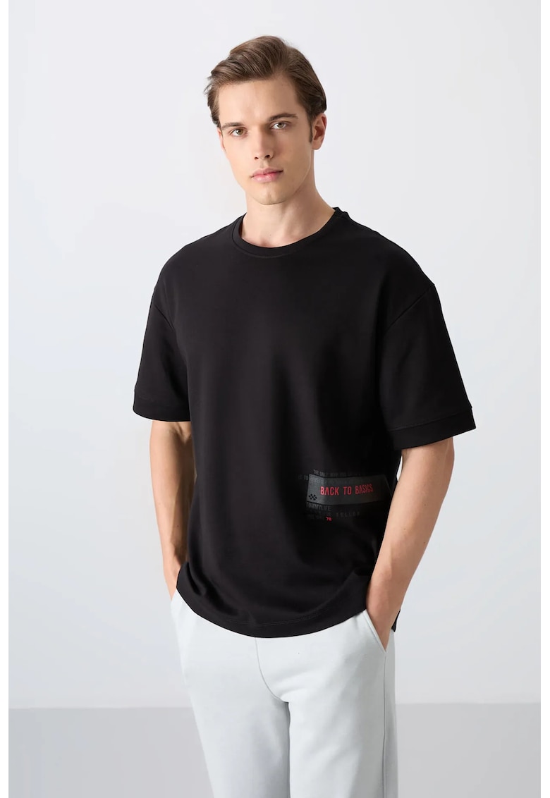 Tricou supradimensionat - negru - bumbac-amestec - maneci scurte