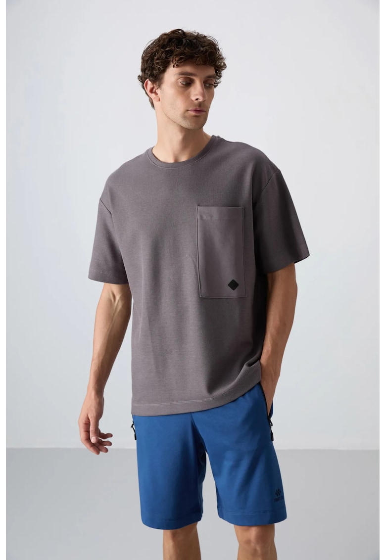 Tricou supradimensionat - gri antracit - amestec de bumbac cu guler rotund si buzunar - pentru femei