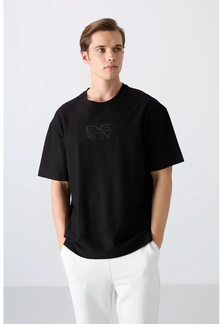 Tricou Oversized - Brodat - Negru - Amestec de Bumbac