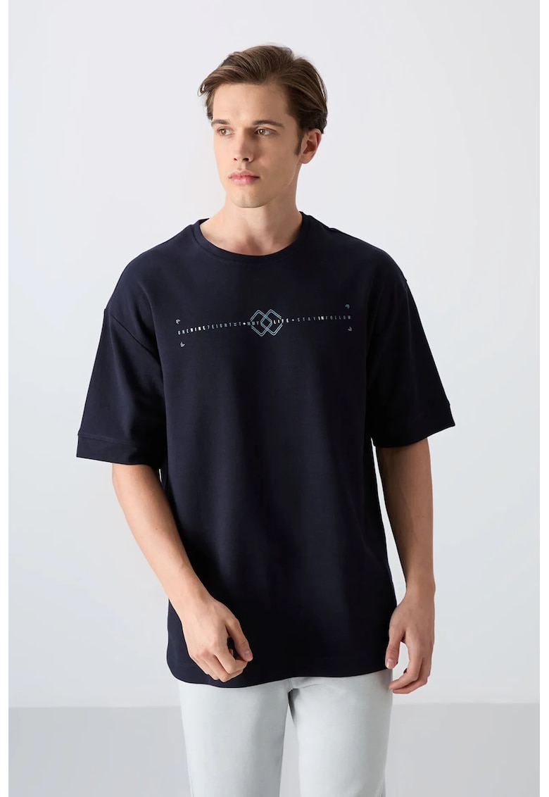 Tricou supradimensionat - imprimeu spate - albastru marin - bumbac/poliester
