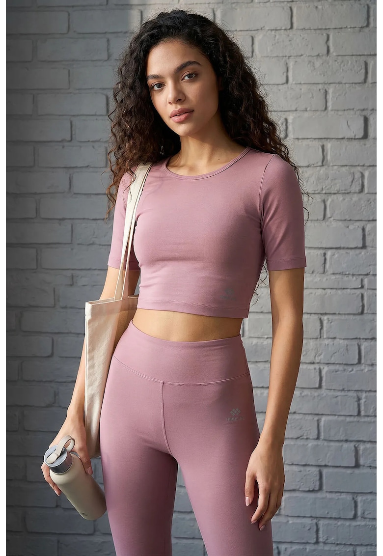 Set Activ Tricou cu Maneca Scurta si Colanti Capri - Roz Prafuit - Bumbac cu Elastan