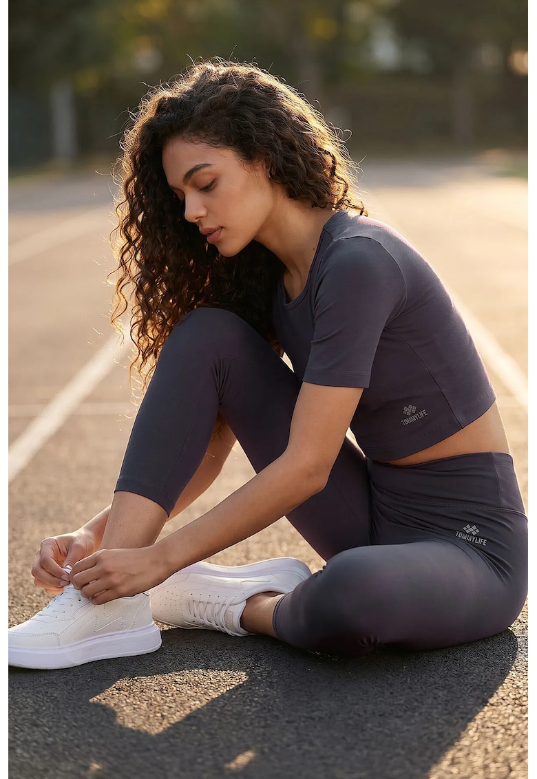 Set Activ Tricou cu Maneca Scurta si Colanti Capri - Mov Purpuriu - Bumbac cu Elastan
