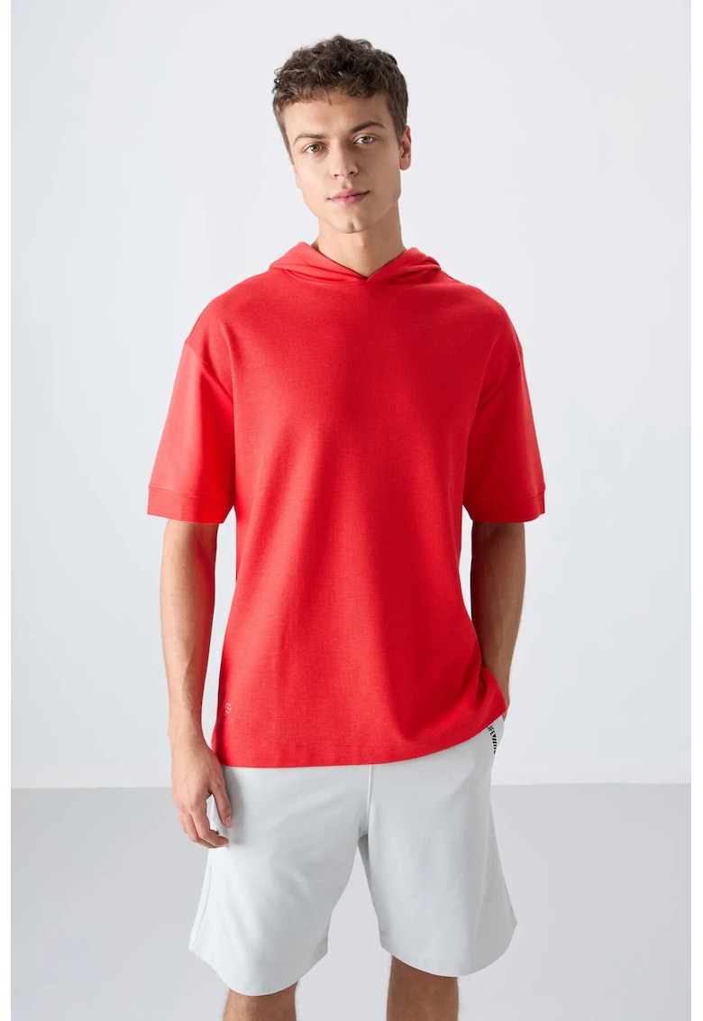 Tricou - supradimensionat - cu gluga - rosu - bumbac si poliester