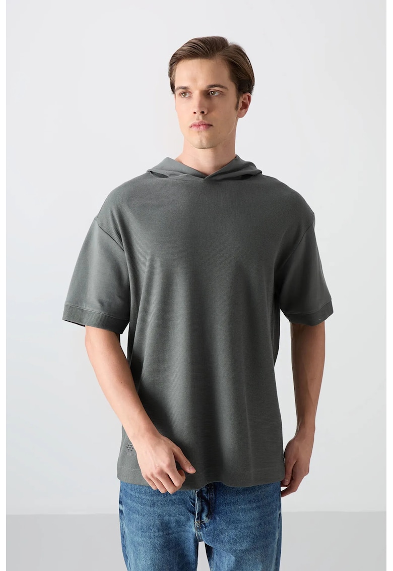 Tricou barbatesc supradimensionat - cu gluga - gri antracit - bumbac si poliester