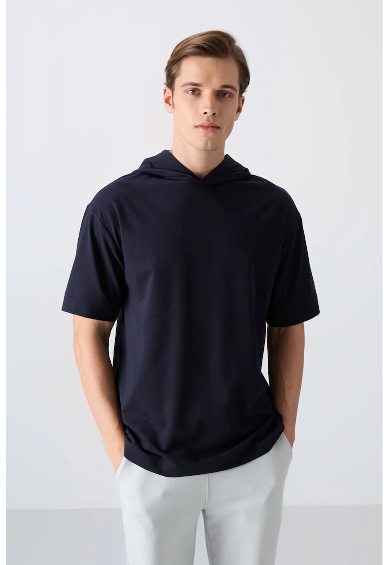 Tricou supradimensionat - gluga - maneci scurte - albastru marin - bumbac-poliester-lycra