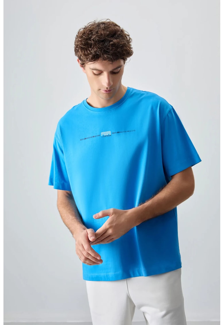 Tricou supradimensionat din bumbac - imprimeu pe spate - Albastru Cerulean