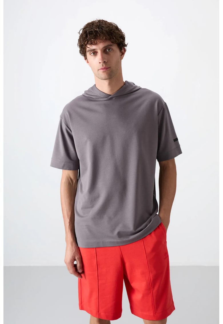 Tricou barbatesc supradimensionat cu gluga - gri antracit - bumbac