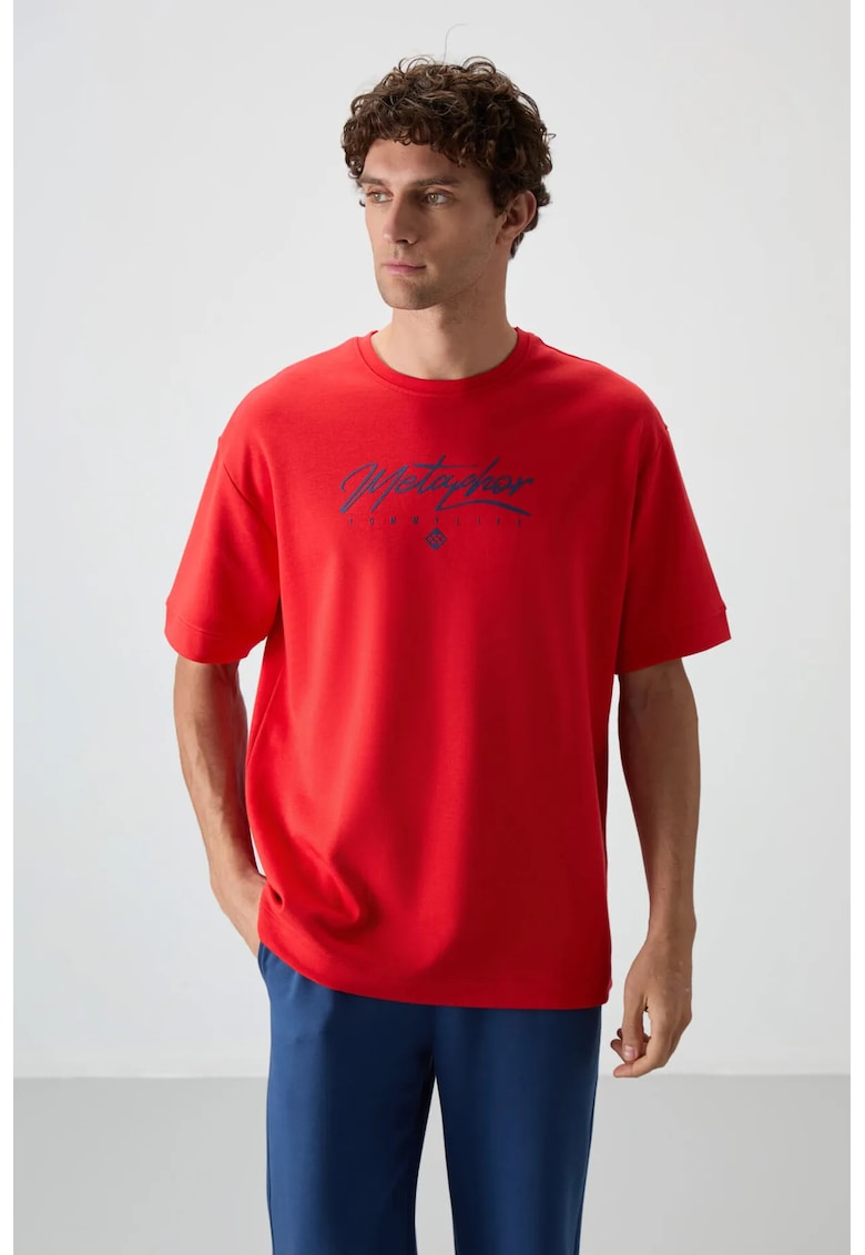 Tricou supradimensionat - imprimeu pe spate - rosu - bumbac si poliester