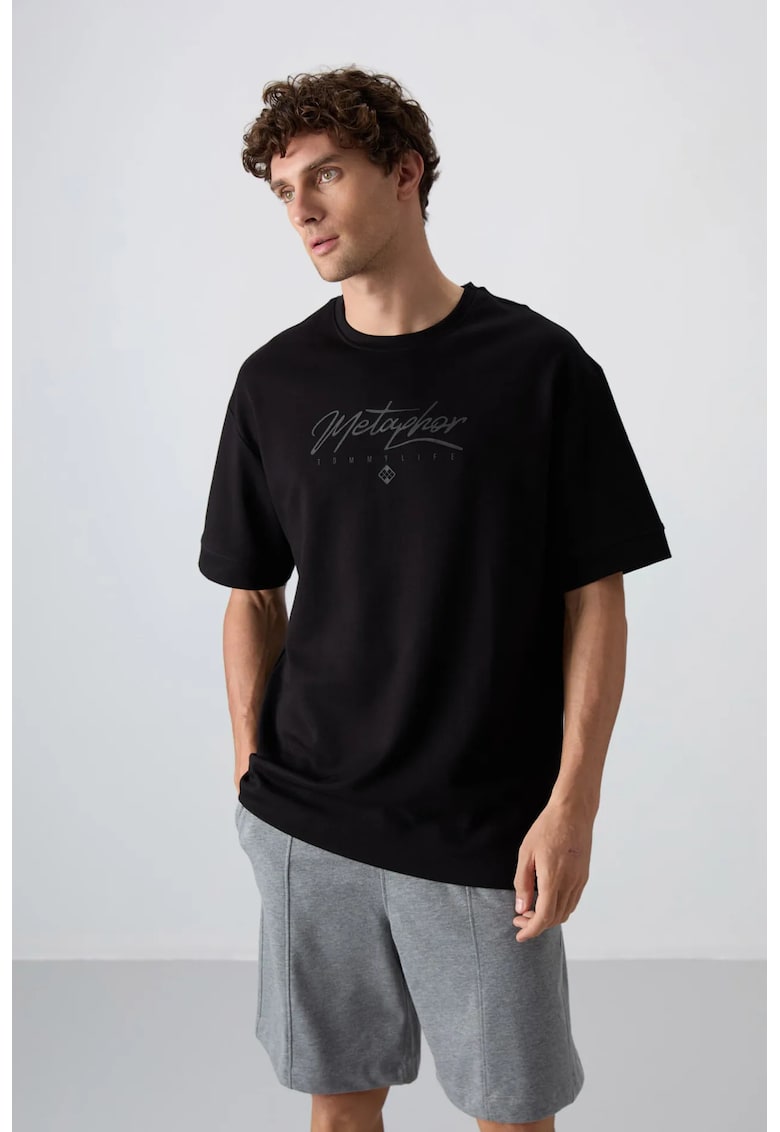 Tricou supradimensionat cu guler rotund - imprimeu - negru - bumbac 93%