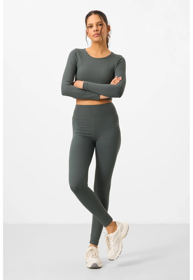 Set Activ - Set din bumbac si elastan - Gri ardezie - tricou crop si colanti - maneca lunga - talie inalta -