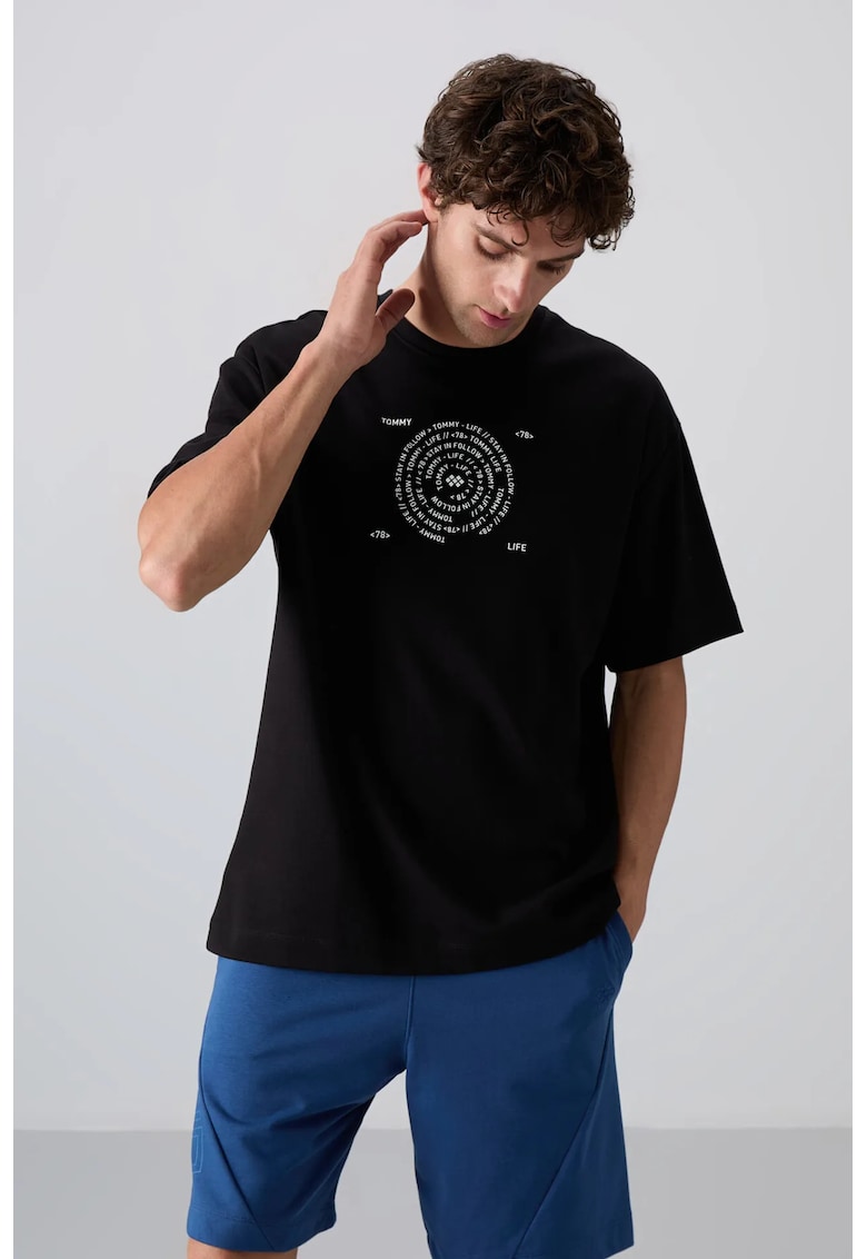 Tricou oversized - broderie - negru - amestec de bumbac