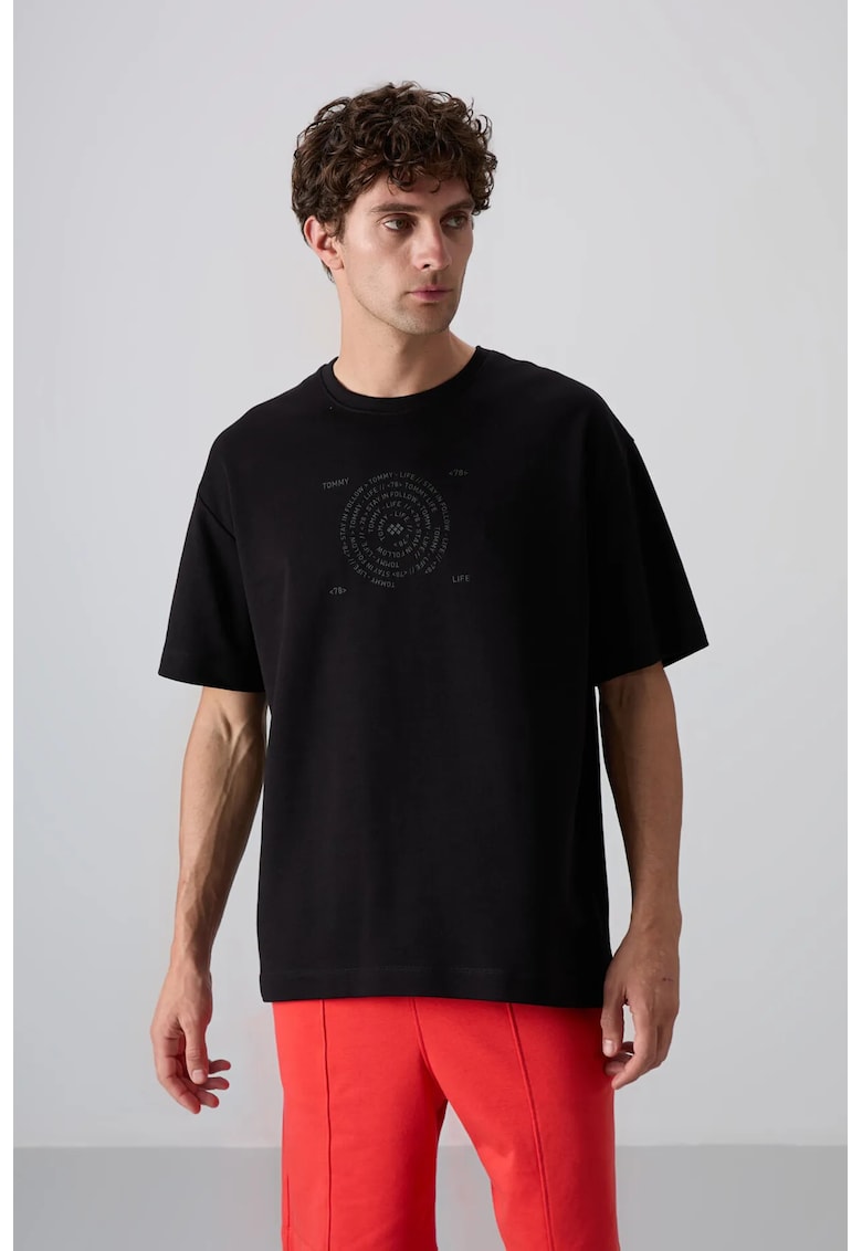 Tricou supradimensionat - broderie - negru - amestec de bumbac