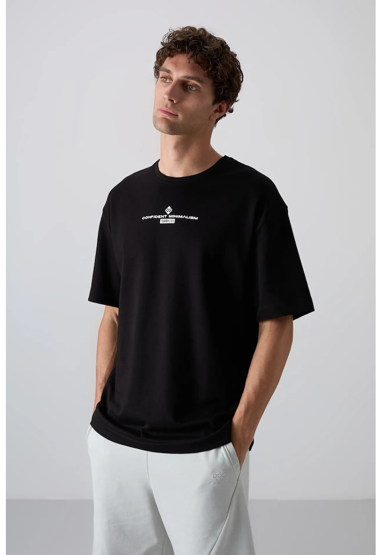 Tricou supradimensionat - imprimat pe spate - negru - amestec de bumbac
