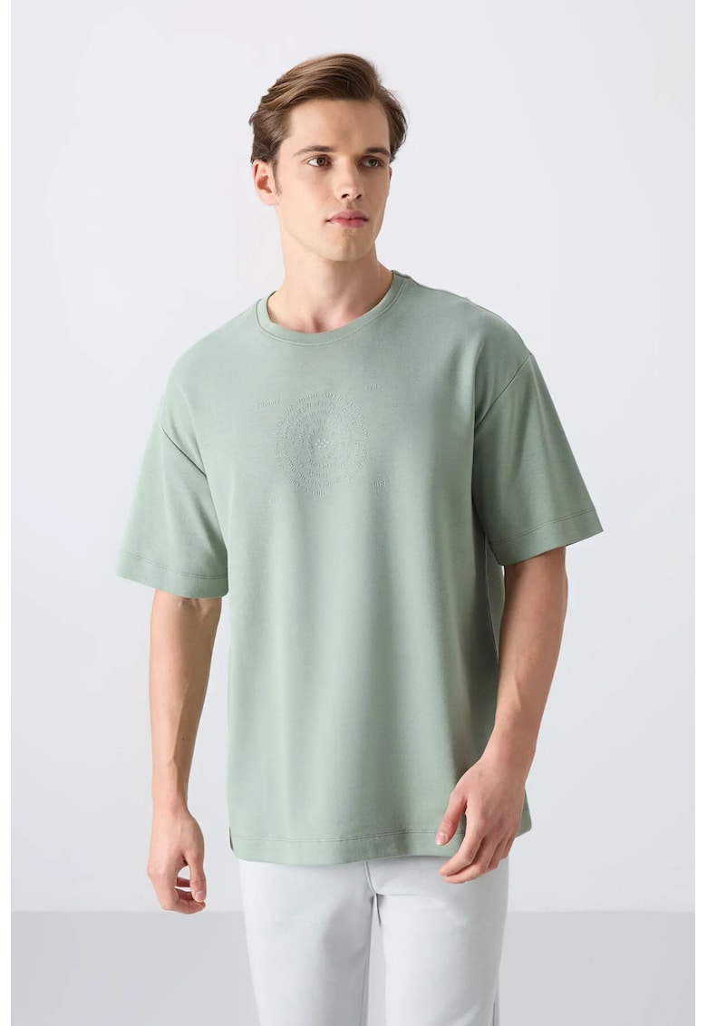 Tricou oversized - broderie - verde salvie - amestec de bumbac