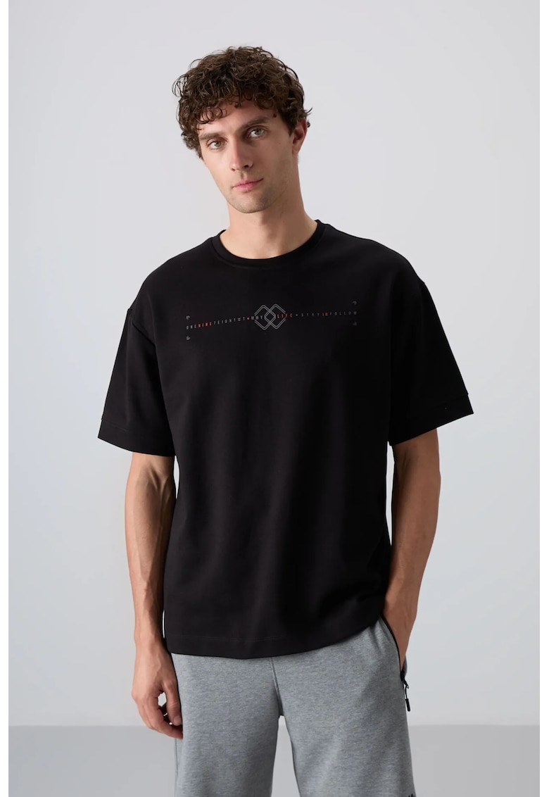 Tricou supradimensionat cu guler rotund - imprimeu - negru - bumbac/poliester