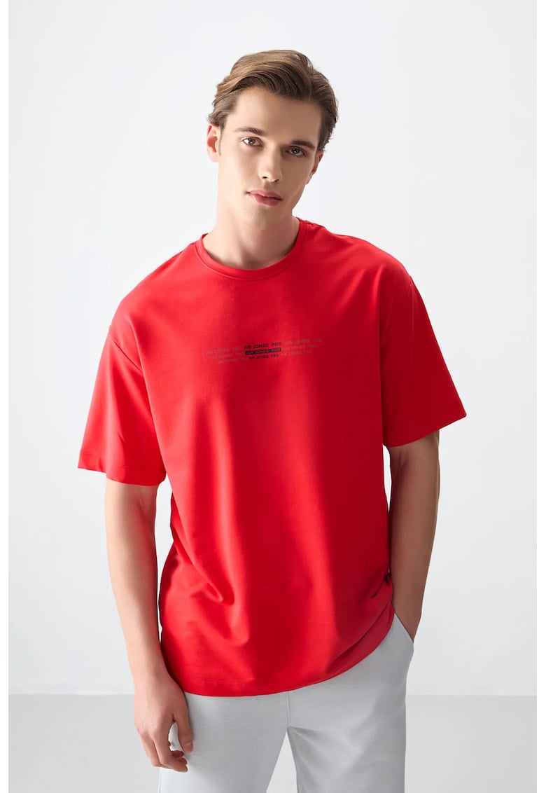 Tricou supradimensionat - rosu - bumbac cu poliester si lycra - imprimeu pe spate