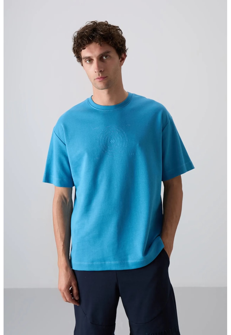 Tricou supradimensionat - broderie - Albastru Cerulean - amestec de bumbac