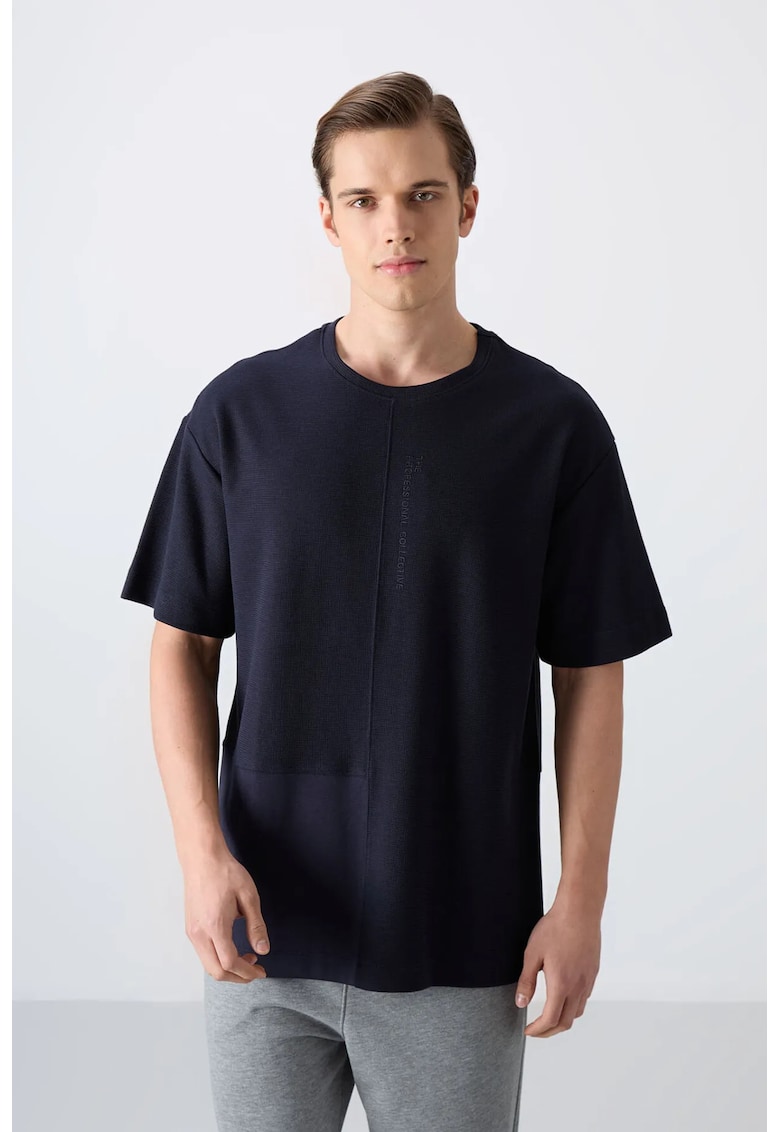 Tricou supradimensionat - bumbac - albastru marin - cu guler rotund si buzunar