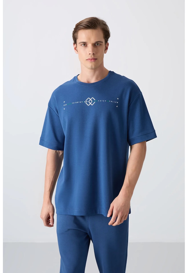 Tricou supradimensionat - imprimeu spate - Albastru Moroccan - 93% bumbac - 7% poliester