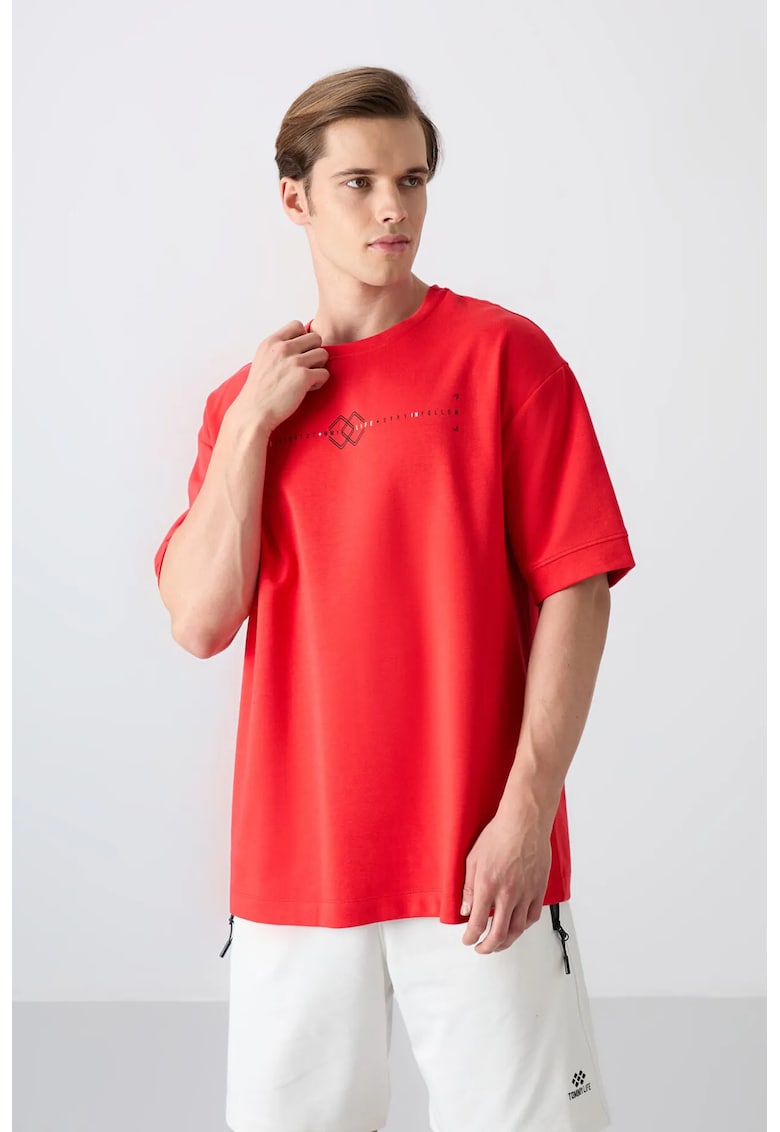 Tricou supradimensionat - imprimeu pe spate - rosu - bumbac si poliester