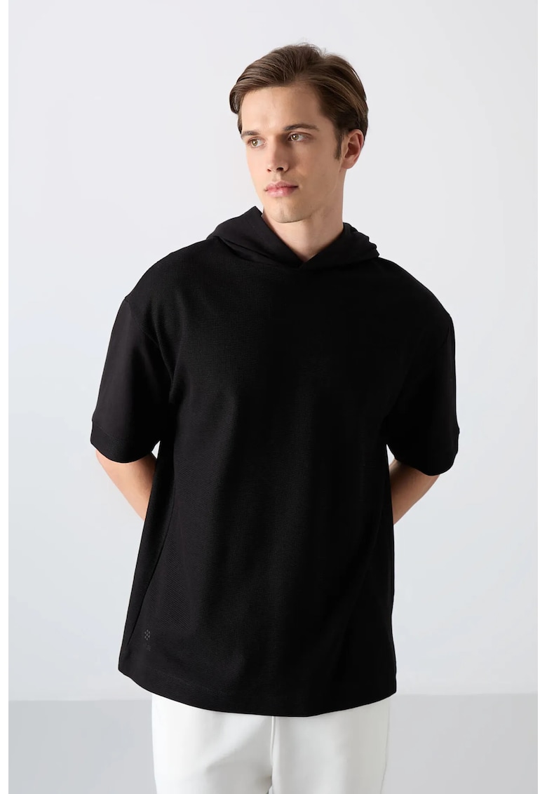 Tricou barbatesc supradimensionat - cu gluga - negru - bumbac