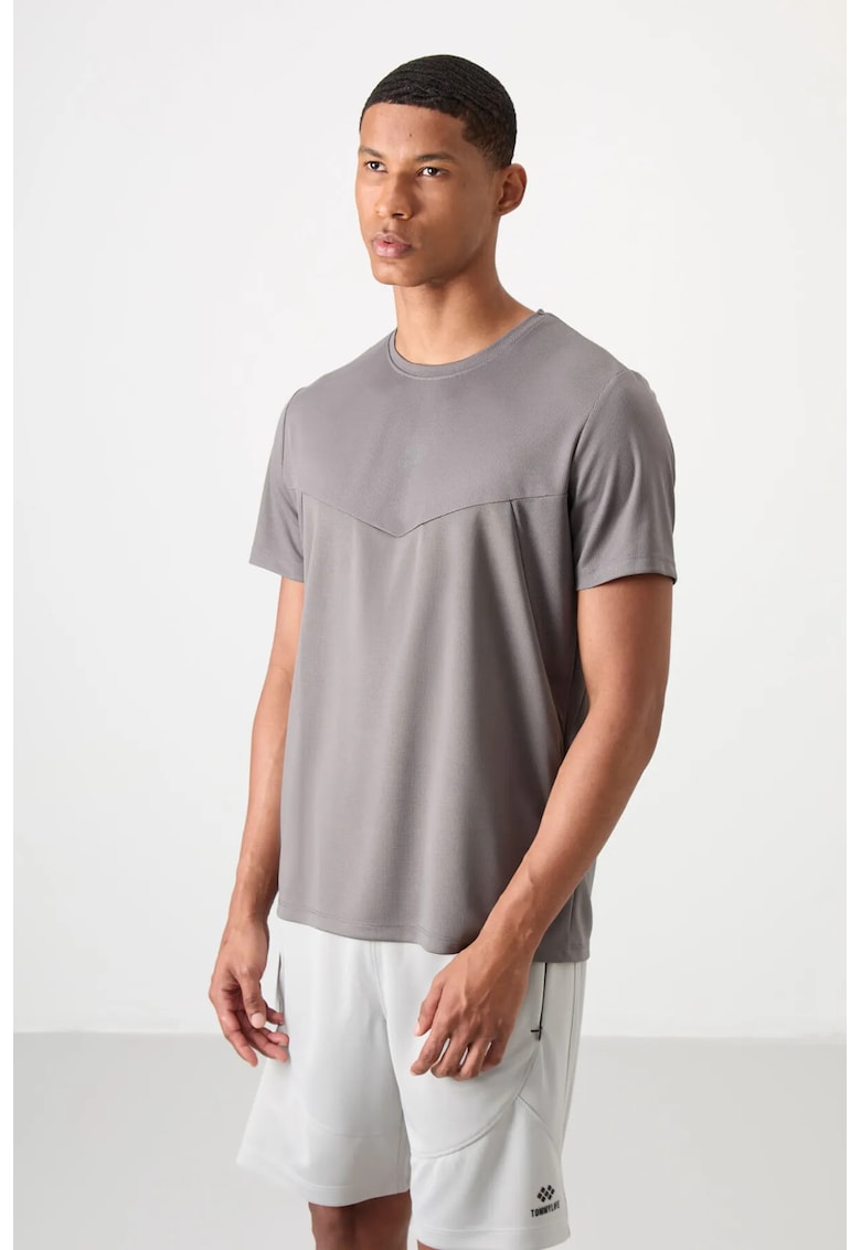 Tricou barbati - gri ardezie - din poliester - cu guler rotund - detalii paneled
