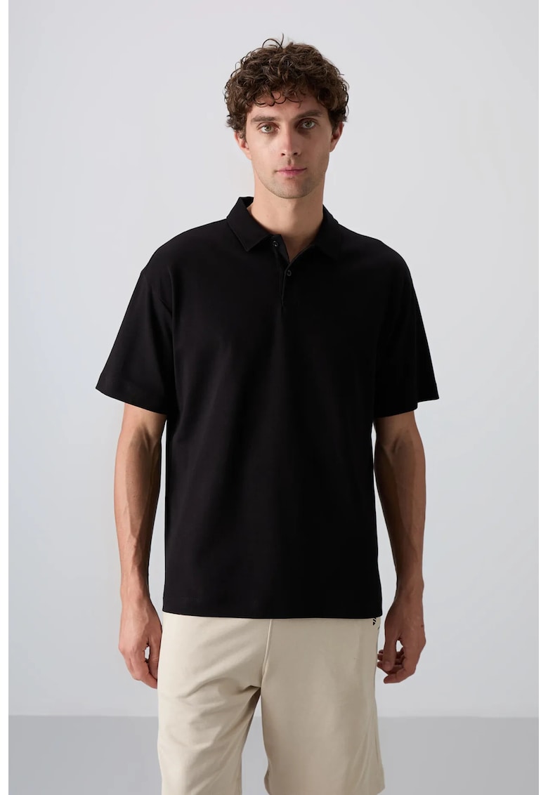 Tricou Polo Oversized Negru - 93% bumbac - pentru Barbati
