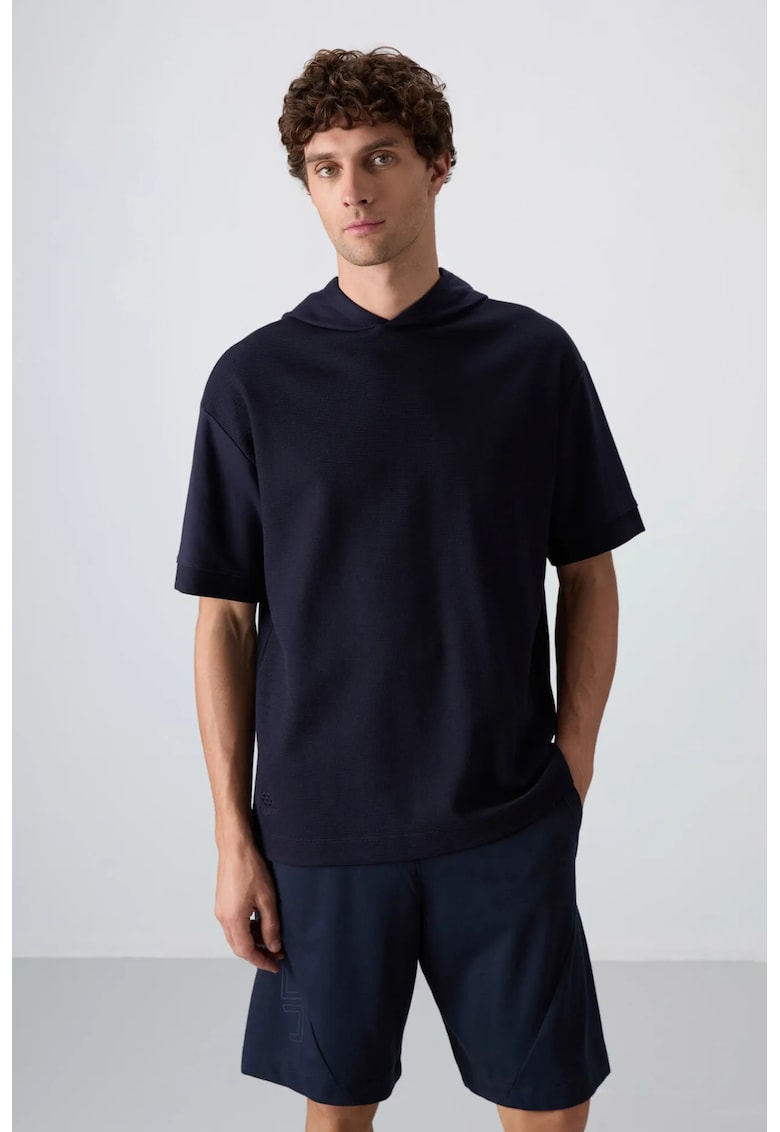 Tricou barbati - supradimensionat - cu gluga - albastru marin - bumbac si poliester