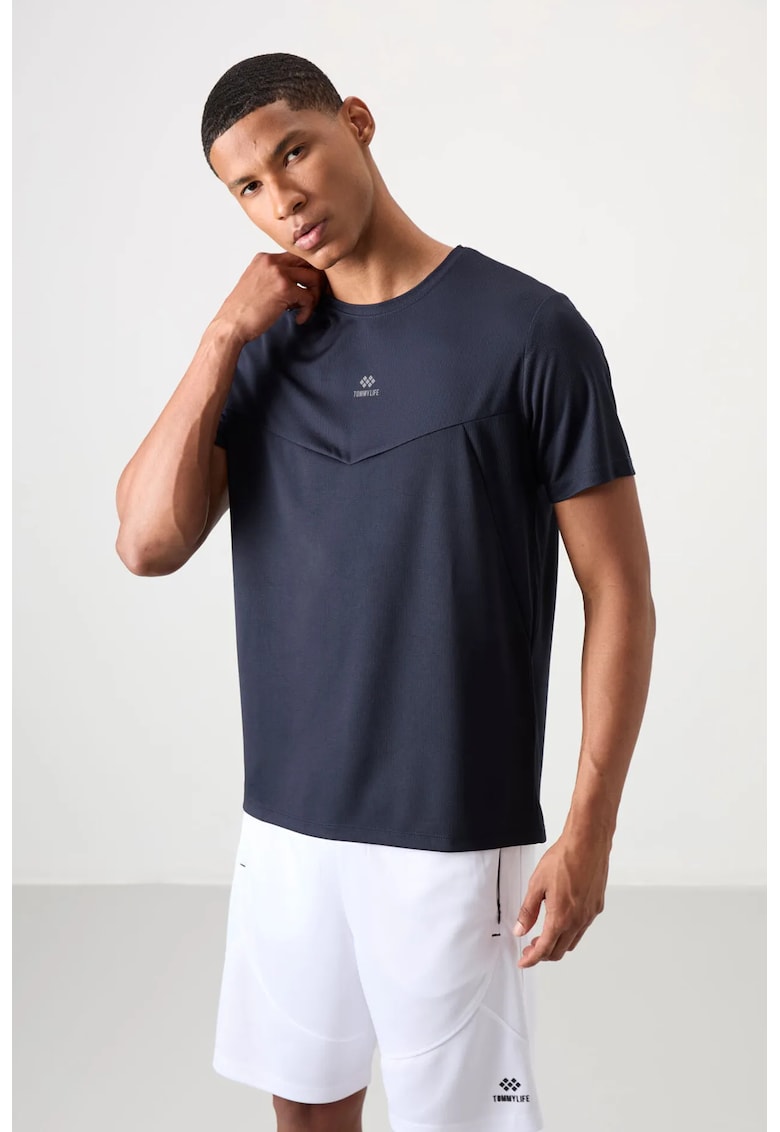 Tricou barbati - albastru marin - din poliester - cu guler rotund - detalii paneled