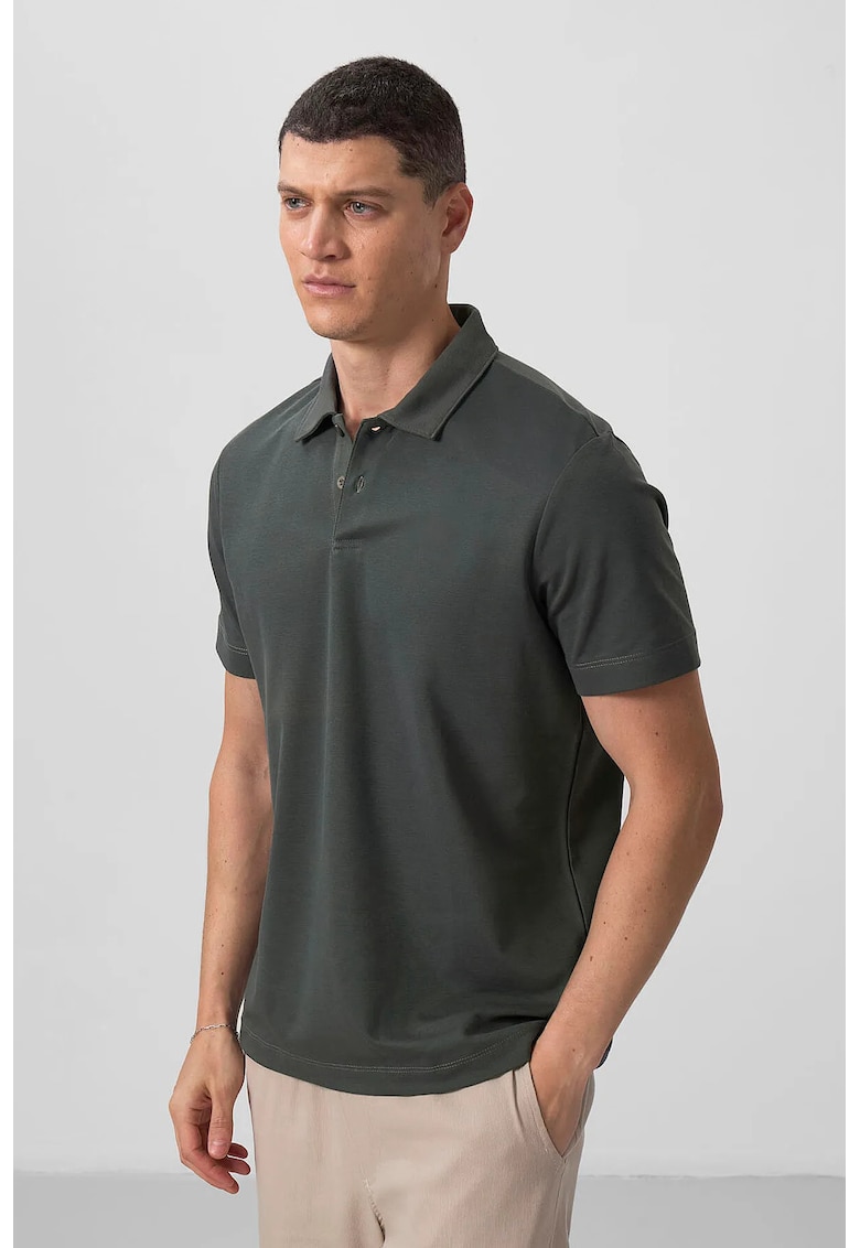 Tricou polo - bumbac-elastan - gri antracit - cu buton