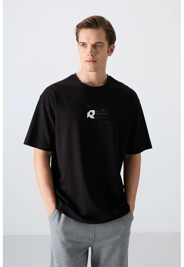 Tricou guler rotund - imprimeu logo - negru - barbati