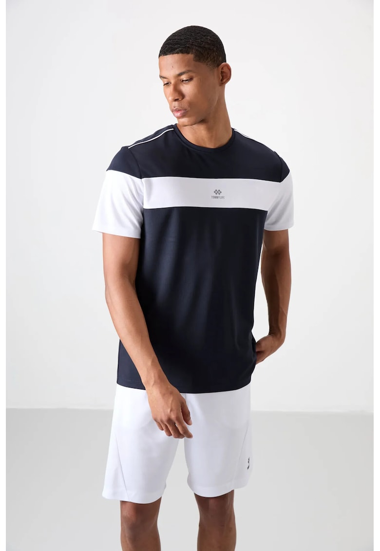Tricou regular fit - maneci scurte - poliester - detalii cu dungi