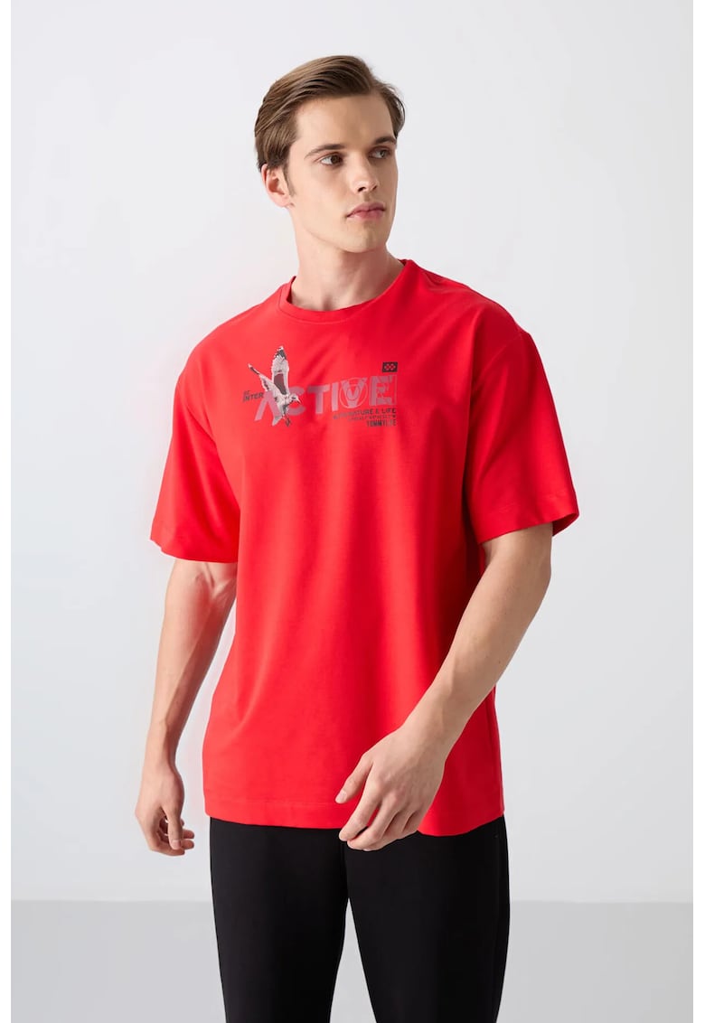 Tricou supradimensionat - rosu - bumbac-poliester-lycra - imprimeu pe fata si spate