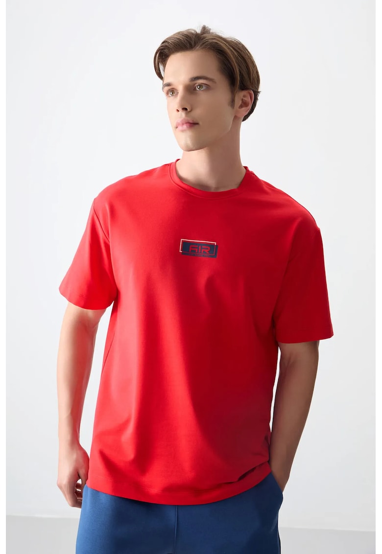 Tricou oversized - rosu - bumbac-poliester-lycra - cu logo imprimat