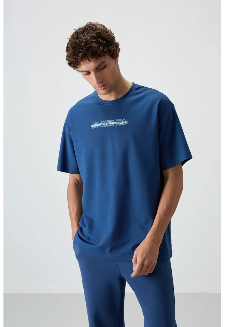Tricou supradimensionat - imprimeu spate - albastru Moroccan - 80% bumbac - 20% poliester