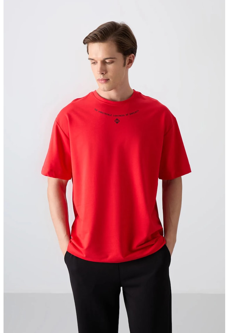 Tricou supradimensionat cu guler rotund - imprimeu - rosu - barbati