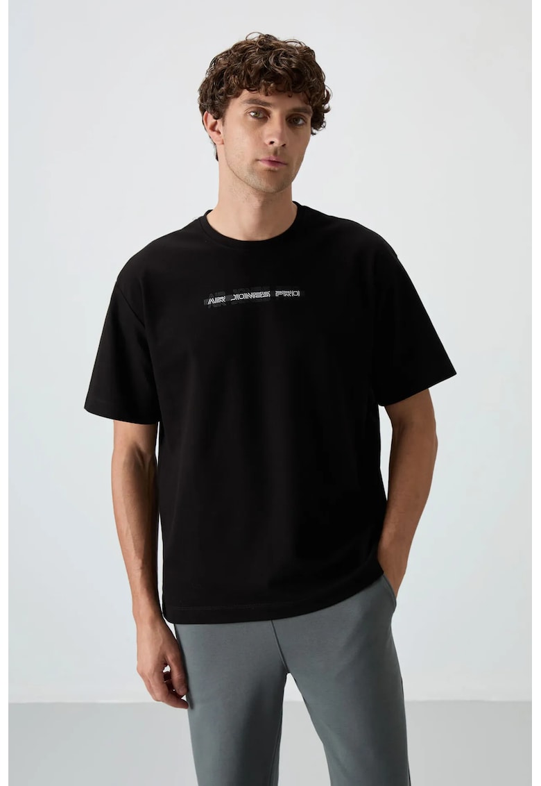 Tricou supradimensionat - imprimeu pe spate - negru - bumbac si poliester