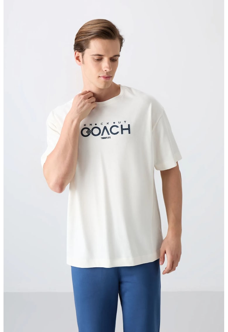Tricou guler rotund - logo supradimensionat - alb prafuit - 65% bumbac - 35% poliester