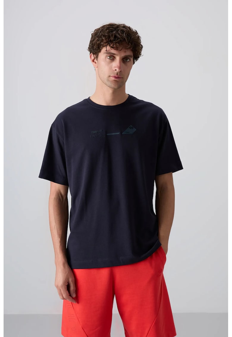 Tricou supradimensionat - cu guler rotund - imprimat pe spate - Albastru marin - bumbac-poliester