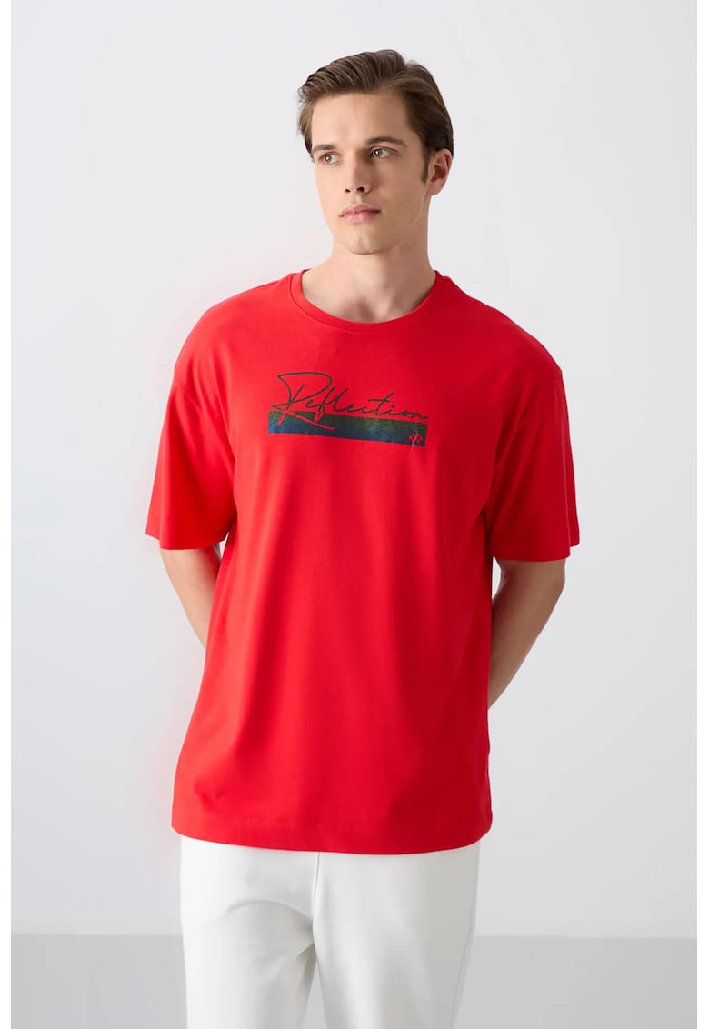 Tricou supradimensionat imprimat - rosu - amestec de bumbac