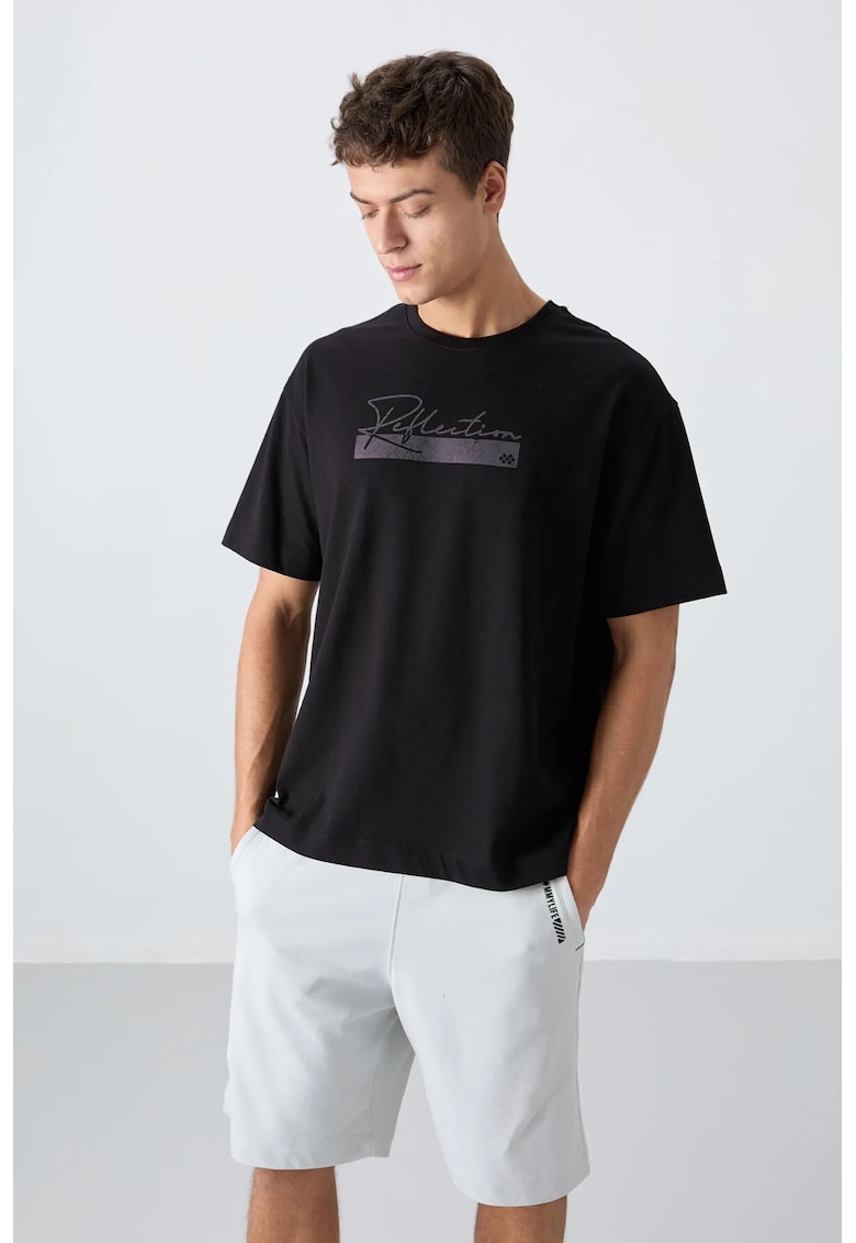 Tricou barbati - supradimensionat - imprimat - negru - amestec de bumbac