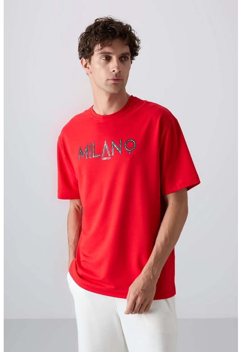 Tricou supradimensionat - imprimeu - rosu - barbati